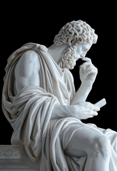 Statue grecque avec un smartphone représentant la phase d'analyse et de design